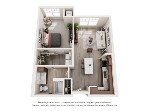 Floor plan for 1 bed, 1 bath, 770 sqft